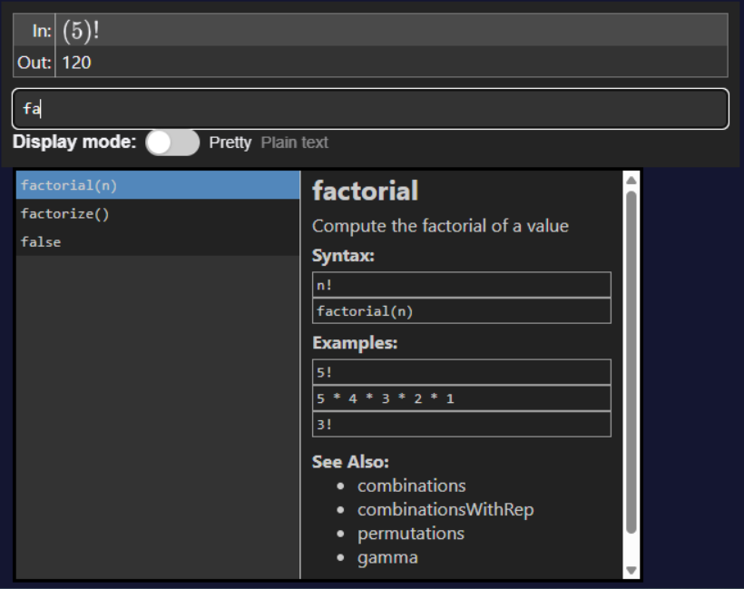 A preview of the calculator, showing intellisense and some of the possible functions