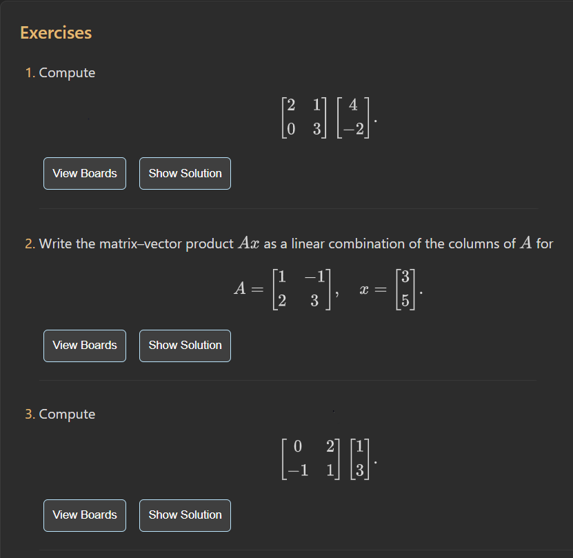 Preview of some of the exercises of an article, with buttons for creating notes and showing the solutions